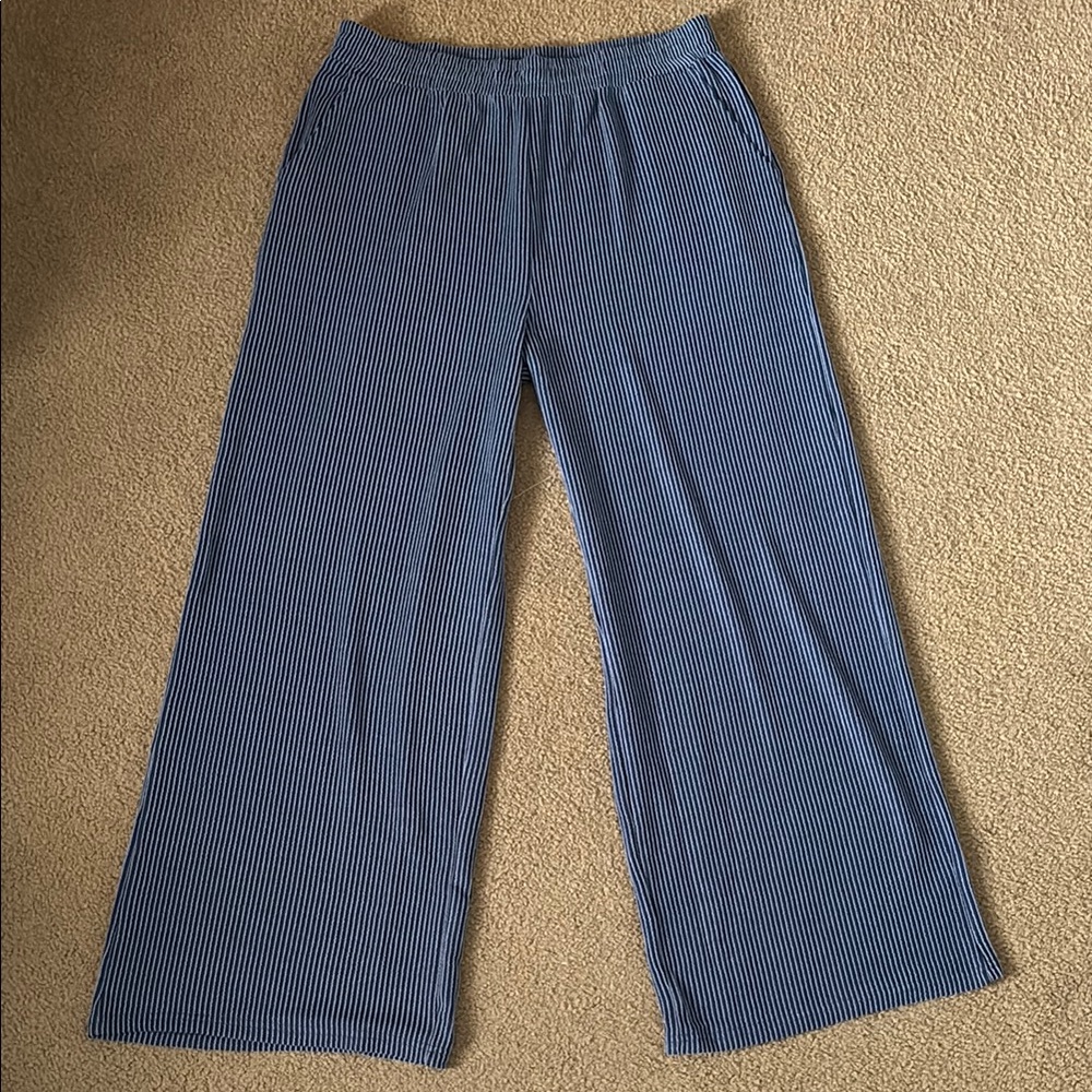 Fashion Blue Striped Ribbed Straight Leg Pants Size XL